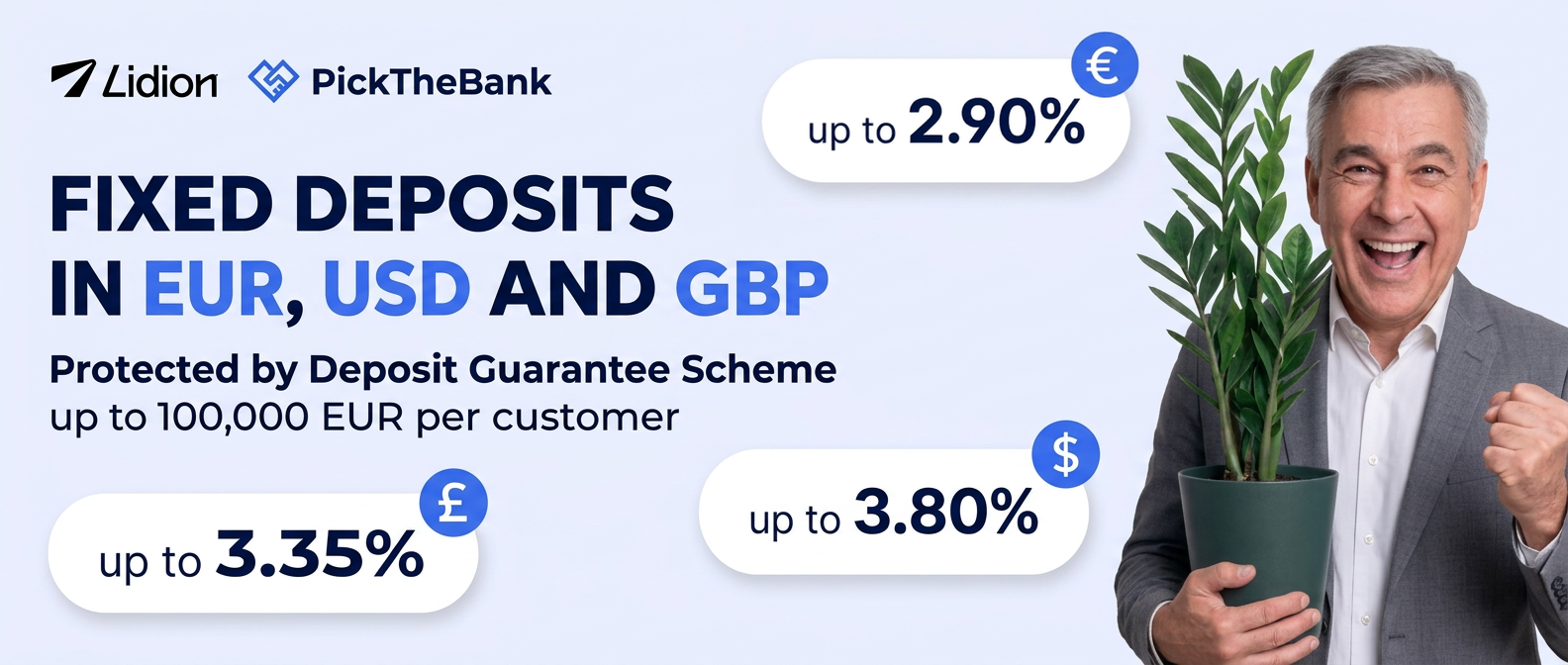 Lidion x PickTheBank — Fixed deposits in EUR, USD and GBP
