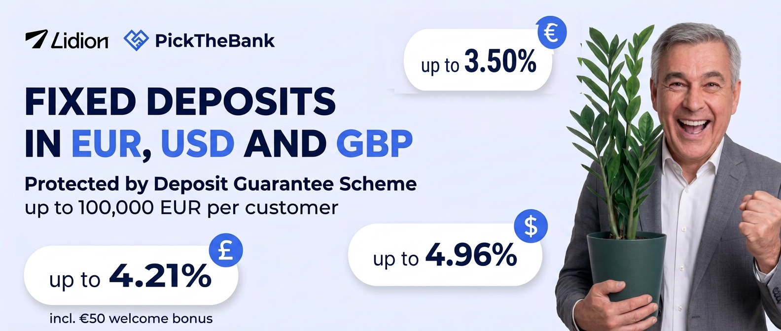 Lidion x PickTheBank — Fixed deposits in EUR, USD and GBP